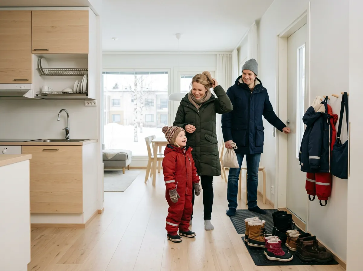 Perhe tulee kotiin juuri siivottuun, valoisaan asuntoon