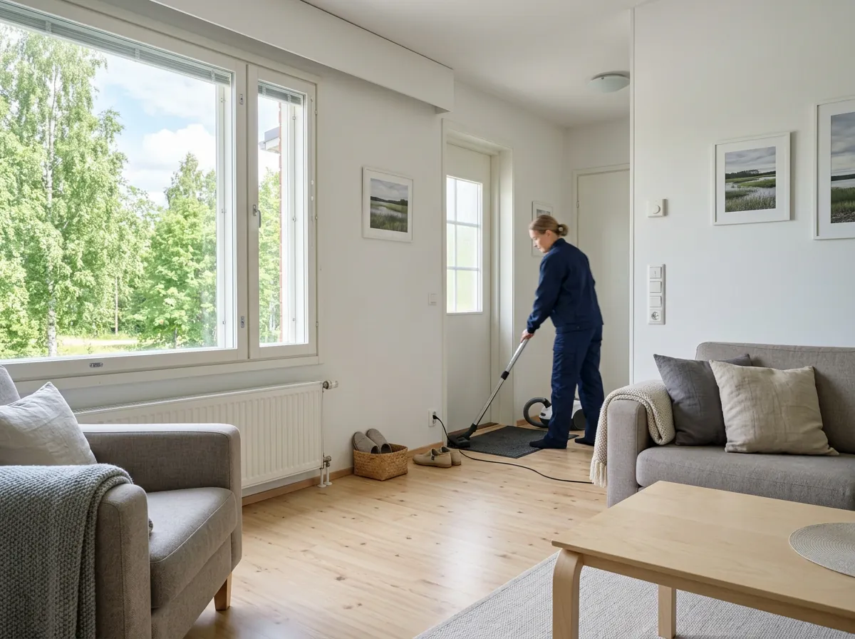 Siisti rivitalon olohuone juuri siivouksen jälkeen
