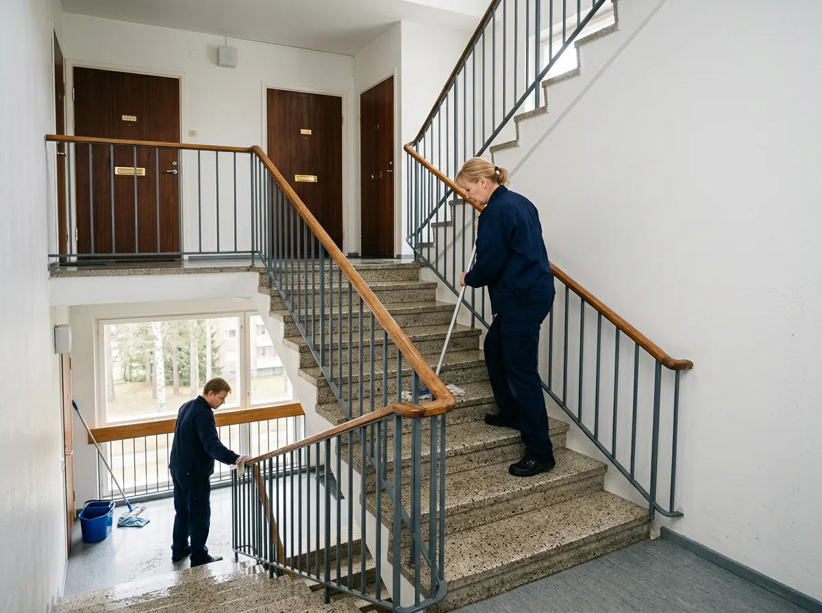 Juuri pesty kerrostalon porraskäytävä, jossa terrazzoportaat ja puukaide