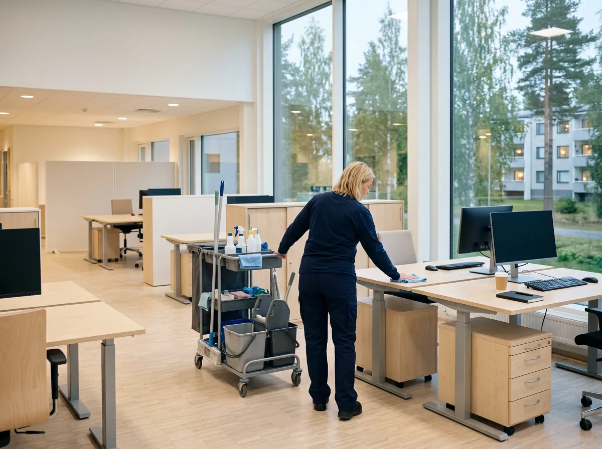 Siivooja siivouskärryn kanssa avokonttorissa illalla