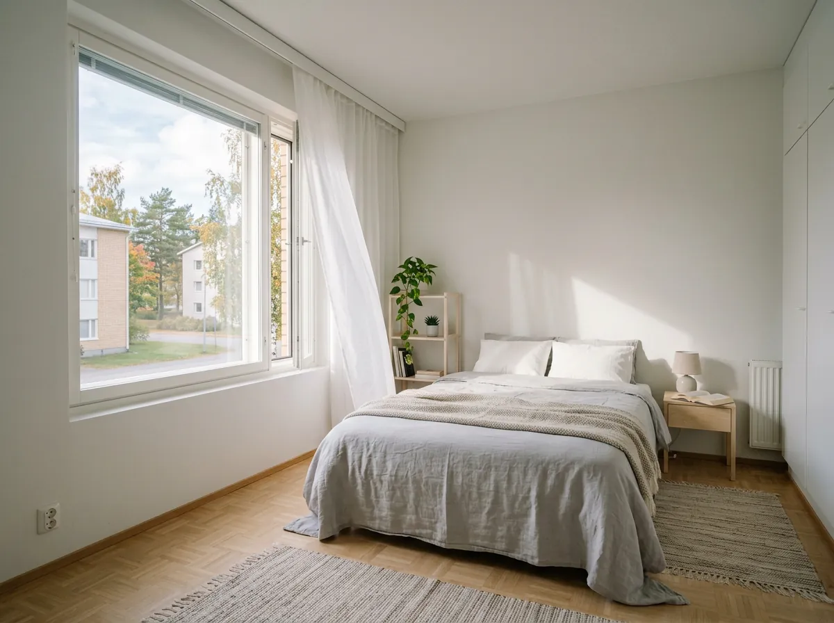 Rauhallinen, valoisa makuuhuone avoimen ikkunan ja valkoisten verhojen kanssa