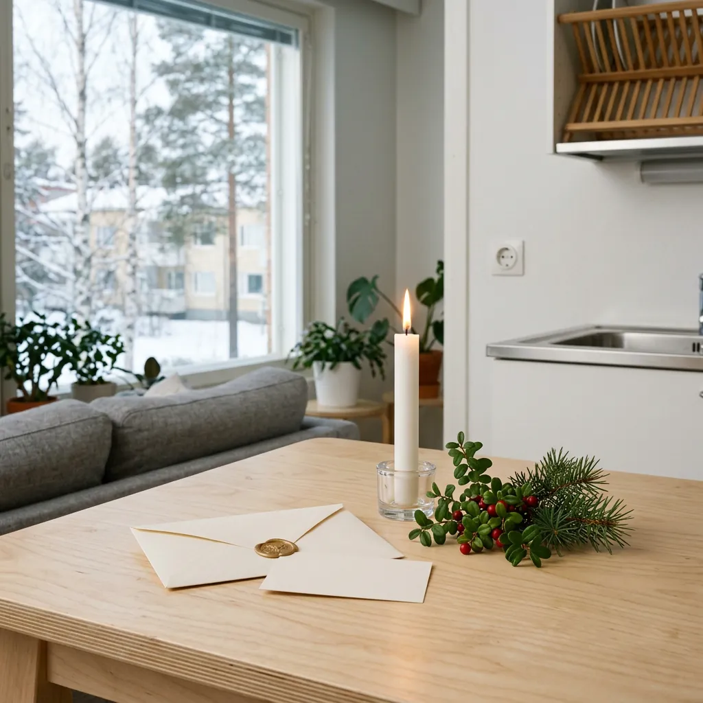 Lahjakuori ja kortti koivupöydällä kynttilän ja puolukanoksan vieressä