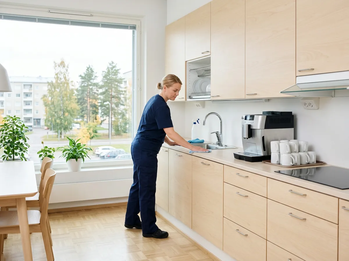 Toimiston taukotila siivottuna, puhtaat työtasot ja kahvinkeitin