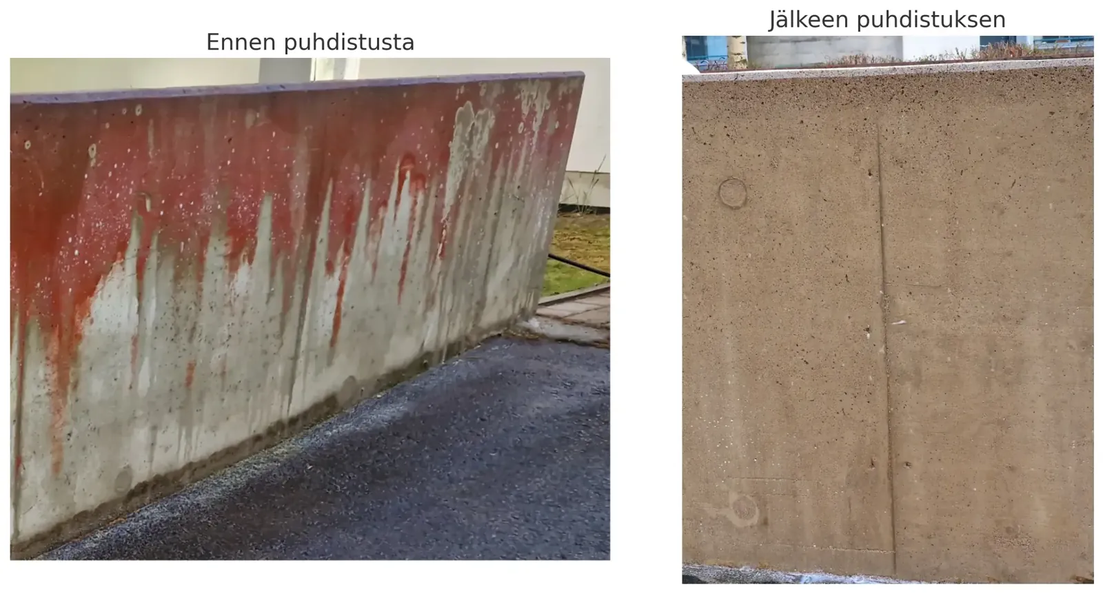 Betonimuuri ennen ja jälkeen punajäkälän poiston